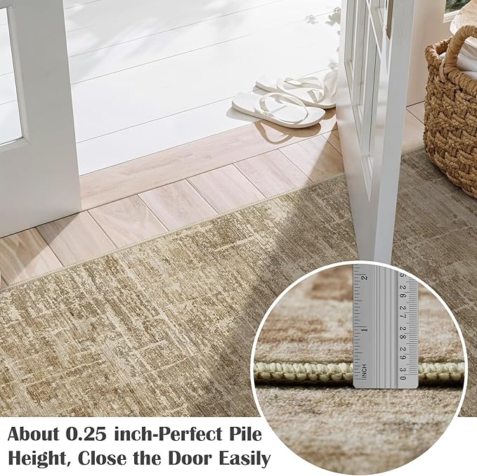 2x12 Washable Hallway Runner Rug - Modern Abstract Neutral Long Carpet with Non-Slip Backing Low-Pile Stain-Resistant Thin Runners for Kitchen Bathroom Bedroom Entryway (2x12，Tan/Brown)