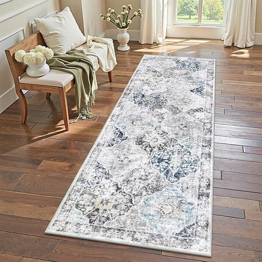 Ileading Washable Hallway Runner Rugs, 2x6 Non Slip Runners Area Rug for Entryway Kitchen Bathroom Bedroom Laundry Living Room, Long Narrow Low-Pile Floor Carpet Boho Vintage Throw Mat for Kids Room