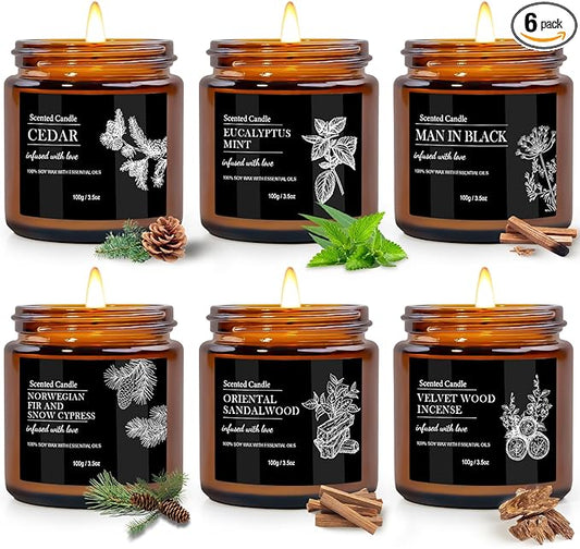 Scented Candles for Men | 6 Pack Candles for Home Scented, 150 Hour Burn Time Aromatherapy Christmas Candles Gifts for Men Birthday|Sandalwood Cedar |