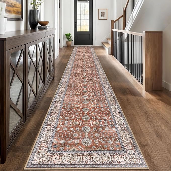 KUTA Vintage Washable Long Runner Rug, 2.6x18 Red Clay Runners for Hallways Non-Slip Kitchen Rugs Ultra Thin Soft Printed Distressed Floral Floor Carpet for Laundry Bedroom Living Room Nursery