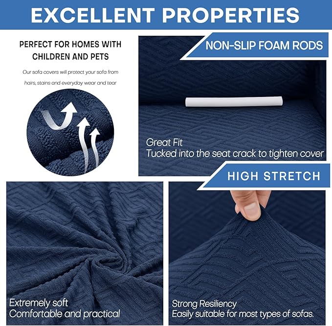 XINEAGE 2026 New 1 Piece Couch Covers for 2 Cushion (55"-69") Stretch Loveseat Sofa Cover Slipcover Jacquard Universal Furniture Protector with Elastic Bottom for Kids,Dog (Loveseat, Navy Blue)
