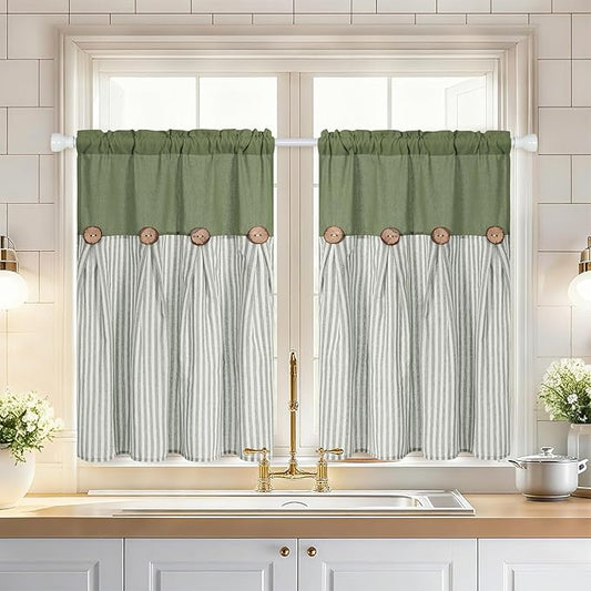 ASPMIZ Boho Linen Kitchen Curtains 36 Inch Length, Farmhouse Kitchen Window Curtain Over Sink, Green Stripe Short Curtains for Small Windows, Bathroom, Rod Pocket Window Treatment Tiers with Button