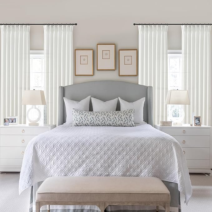 Pure White Short Thick Linen Viral Curtains 54 Inch Length 2 Panel Set for Small Windows, Pinch Pleated Rustic Semi Sheer Light Filtering Privacy Drapes with Back Tab 40 x 54 Inches Kitchen Curtain