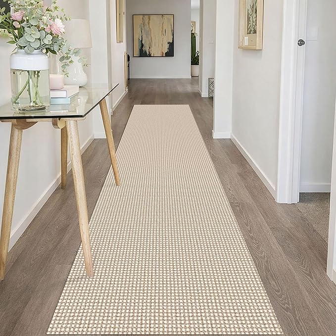 IOHOUZE Washable Runner Rug 2x10 Non Slip Rubber Backed Long Hallway Runner Entryway Runner Indoor, Kitchen Rugs Woven Cotton Floor Carpet for Hall Entrance, Beige/Khaki