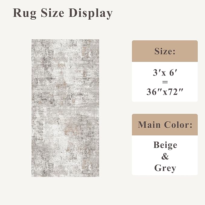 3x6 Washable Non-Slip Kitchen Runner Rug with Rubber Backing Modern Abstract Stain Resistant Floor Carpet Runner for Hallway, Entryway, Bedroom, Living Room - Beige/Grey/Brown