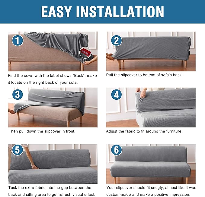 H.VERSAILTEX Armless Futon Cover Stretch Sofa Bed Slipcover Protector Elastic Feature Rich Textured High Spandex Small Checks Jacquard Fabric Futon Cover, Machine Washable, Dove