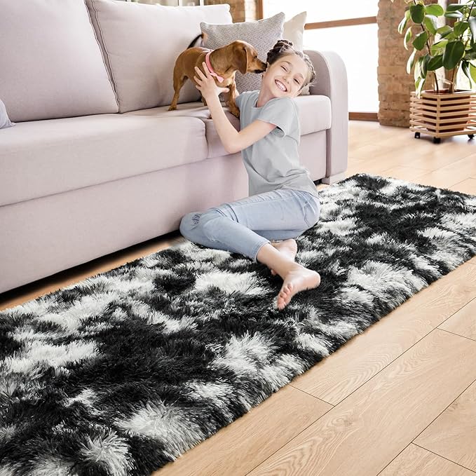 Noahas Runner Rug for Hallway,2'x6' Tie-Dyed Black and White Long Area Rugs for Bedroom Living Room,Non Slip Thick Shag Carpet for Entryway Dorm Bedside Kids Room