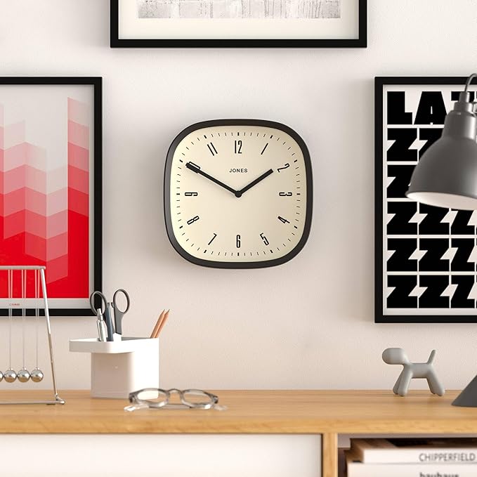 JONES CLOCKS® Marvel wall Clock | Modern Retro Rounded Square Clock | 10 inch | Black | Cool Designer Look for Kitchen, Living Room or Office