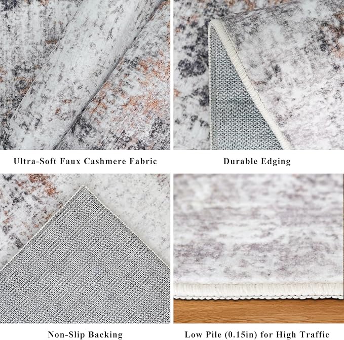 2x6 Washable Non-Slip Hallway Runner Rug – Modern Abstract Soft Carpet Runner for Kitchen, Bedroom with Rubber Backing – Low-Pile Thin Stain-Resistant Rug for Laundry Room, Entryway – Beige/Grey