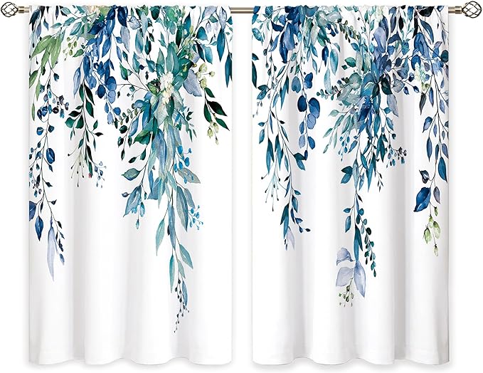Teal Eucalyptus Botanical Leaves Floral Small Kitchen Curtains Blue Flower Window Treatment Wildflower Plant Cafe Short Window Curtains for Bathroom Room Tier Treatment Drapes 26x30 inch