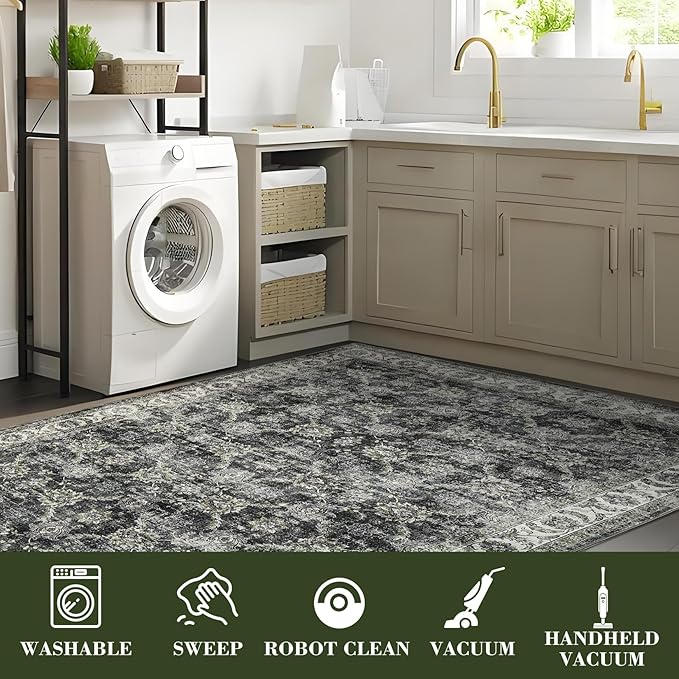 GarveeHome Vintage Rug 5x7 Floral Print Area Rug for Living Room Washable Non Slip Farmhouse Distressed Indoor Carpet Foldable Low Pile Soft Accent Throw Rug for Bedroom Home Nursery, Grey