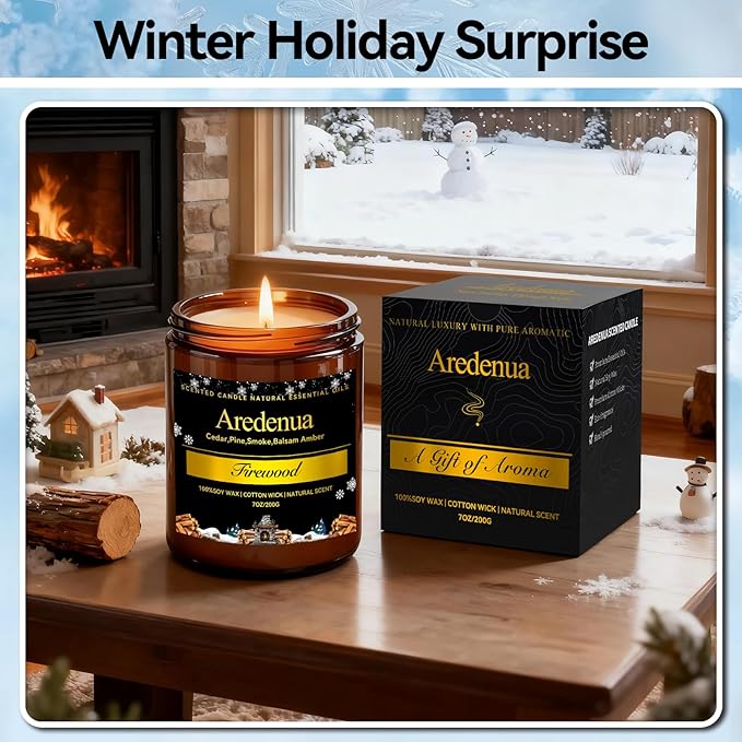 Firewood Scented Candle | Smoky Wood Scent 7oz Soy Candles for Home Cozy Scented, Holiday Aromatherapy Candles | Candle Gifts for Women Men - 50H Clean & Long Lasting Burn