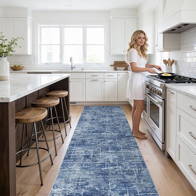 2x10 Washable Hallway Runner Rug - Modern Abstract Neutral Long Carpet with Non-Slip Backing Low-Pile Stain-Resistant Thin Runners for Kitchen Bathroom Bedroom Entryway (2x10, Blue)