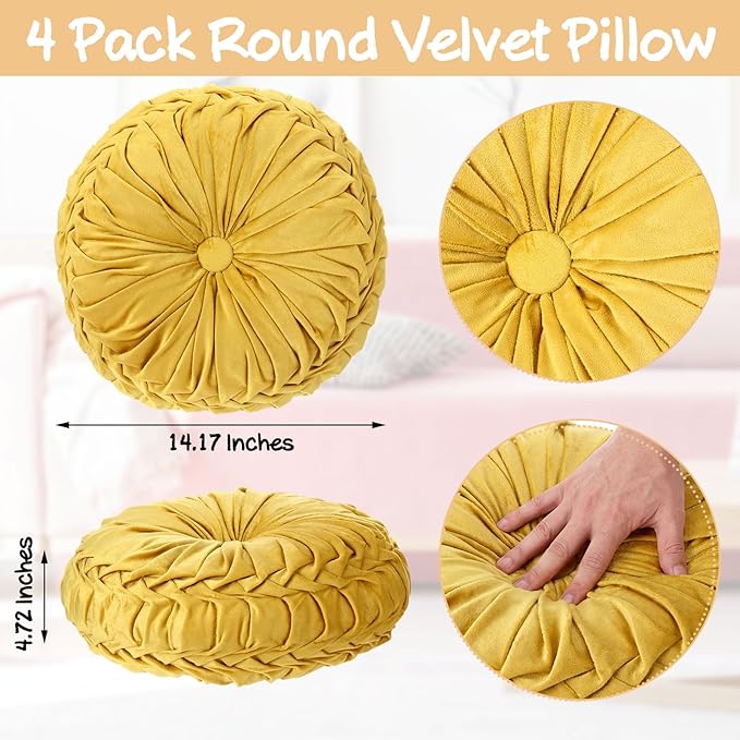 Kathfly Set of 4 Decorative Round Pleated Throw Pillows, Classy Velvet Pumpkin Round Throw Pillows, Decorative Floor Pillow for Bed Chair Home Sofa Decor, 14" Diameter(Pastel Color)