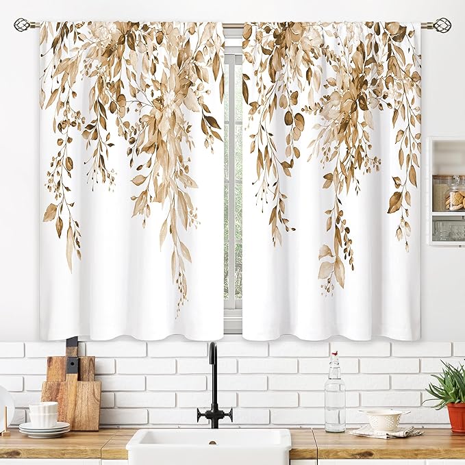 Eucalyptus Botanical Leaves Floral Kitchen Window Curtains Over Sink Farmhouse Flower Leaf Small Window Treatment Tan Floral Cafe Short Curtains for Bathroom Treatment Tier Drapes 26x30 inch