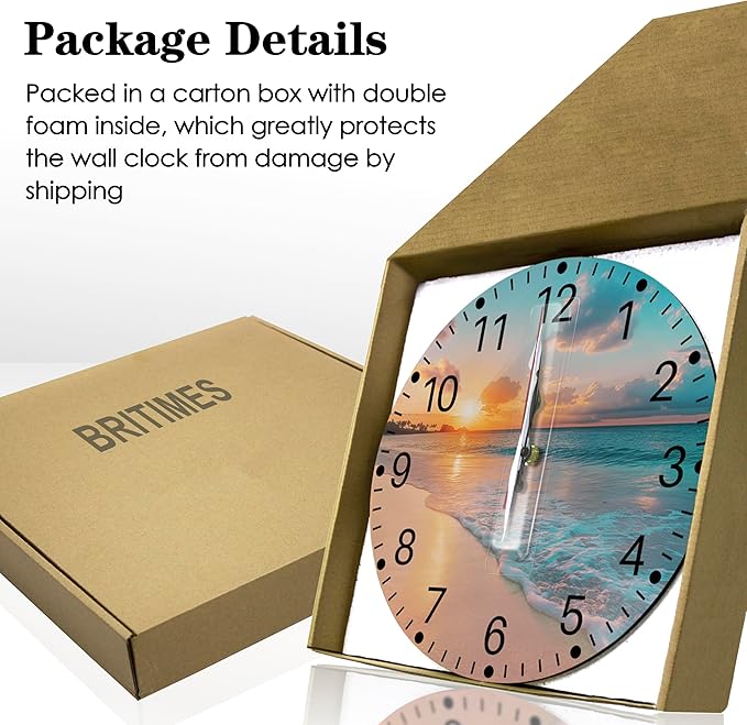 Britimes Round Wall Clock Non-Ticking Silent Battery Operated Clock 12 Inch, Sea Beach Blue Sky Sand Home Decor for Living Room, Kitchen, Bedroom, and Office