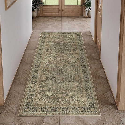 2x5 Washable Runner Rug Brown Vintage Non Slip Soft Low Pile Hallway Kitchen Rug Distressed Oriental Carpet for Laundry Bathroom Bedroom Living Room Home Decor