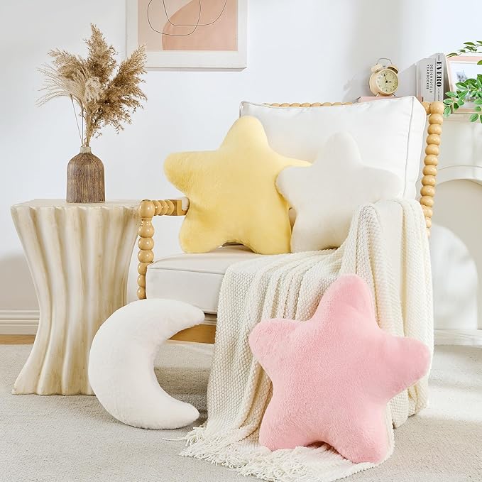 CANGHI Star Pillow 15.7" Black Star Shaped Decorative Throw Pillow for Couch Bed Aesthetic Plush Floor Seating Cushions with Soft Faux Rabbit Fur for Sofa Bedroom Living Room