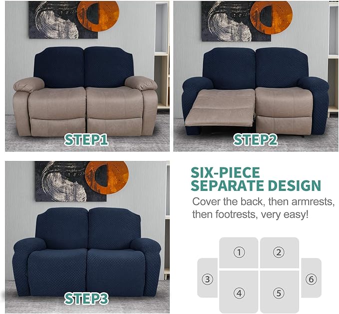 YEMYHOM 6 Pieces Stretch Loveseat Recliner Slipcover Jacquard Recliner Sofa Cover with Side Pocket Fitted Recliner Cover Couch Furniture Protector with Elastic Bottom (Loveseat Recliner, Navy)