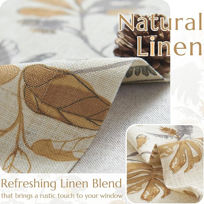 jinchan Linen Valance Double Layer Kitchen Window Curtain Yellow Leaf on Beige Valance for Living Room Cafe Farmhouse Light Filtering Rustic French Country Curtain 16 Inch Rod Pocket 1 Panel