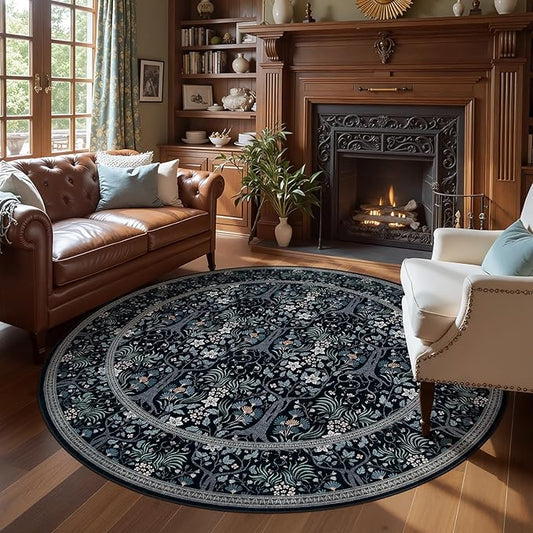 Joydeco Washable Round Area Rug for Living Room, Soft Round Rugs 6ft Non Slip with Rubber Backing, Vintage Large Circle Carpet for Bedroom Kitchen Nursery, Black-Blue Floral Décor