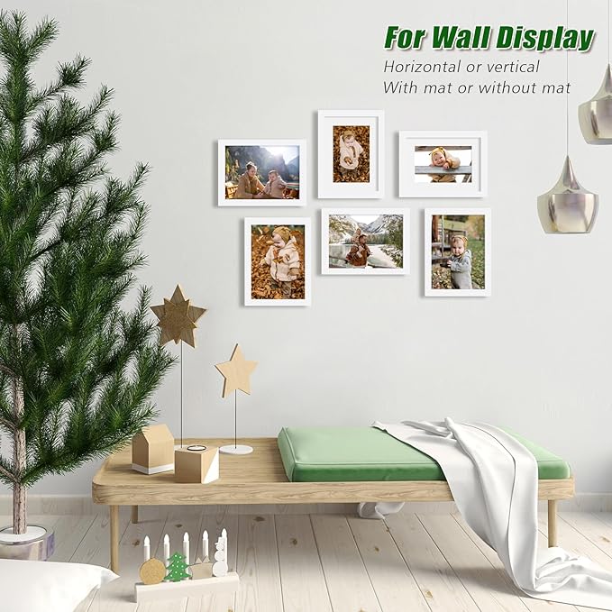 KINLINK 6x8 Picture Frame White Set of 6, Wooden Photo Frames Matted 4x6 with Plexiglass for 4x6 with Mat or 6x8 without Mat for Table and Wall Display