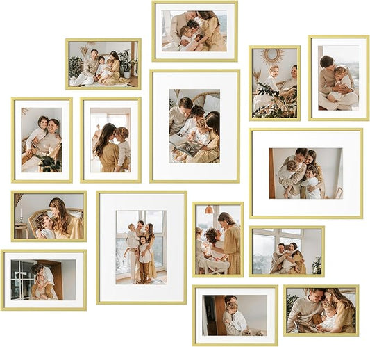 eletecpro Aluminum Gallery Wall Frame Set of 15, Including 3Pcs 8x10, 6Pcs 5x7, 6Pcs 4x6 Photo Frames for Wall or Tabletop Display, Multiple Sizes Picture Frames Collage Wall Decor, Gold