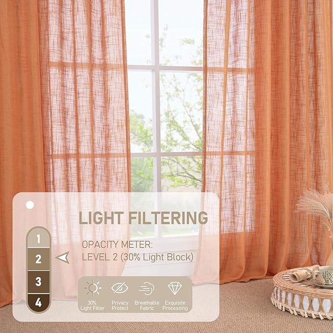LAMIT Burnt Orange Sheer Linen Curtains, 84 inch Light Filtering Semi Sheer Panels Back Tab and Rod Pocket Farmhouse Rust Drapes for Bedroom/Living Room, 2 Panels, 52 x 84 Inch