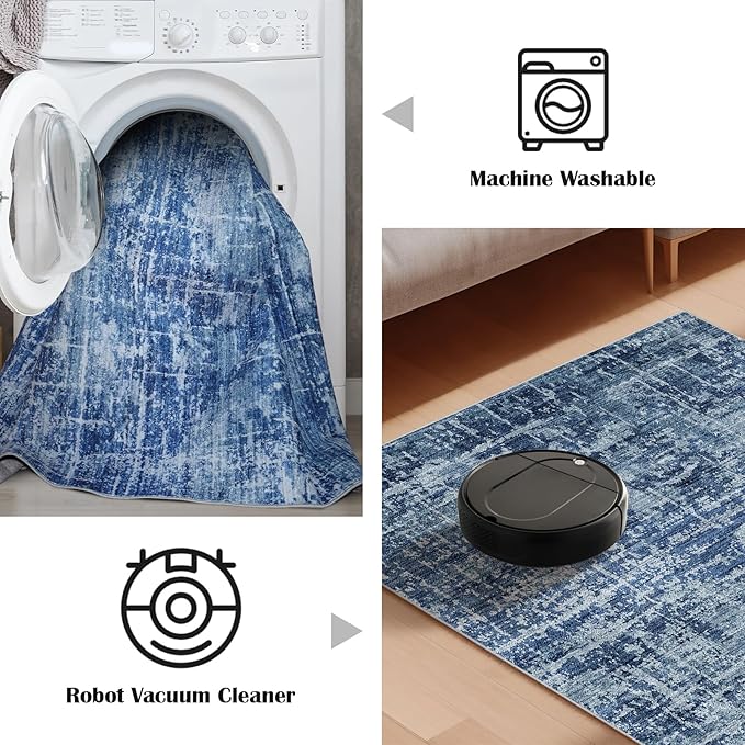2x12 Washable Hallway Runner Rug - Modern Abstract Neutral Long Carpet with Non-Slip Backing Low-Pile Stain-Resistant Thin Runners for Kitchen Bathroom Bedroom Entryway (2x12, Blue)