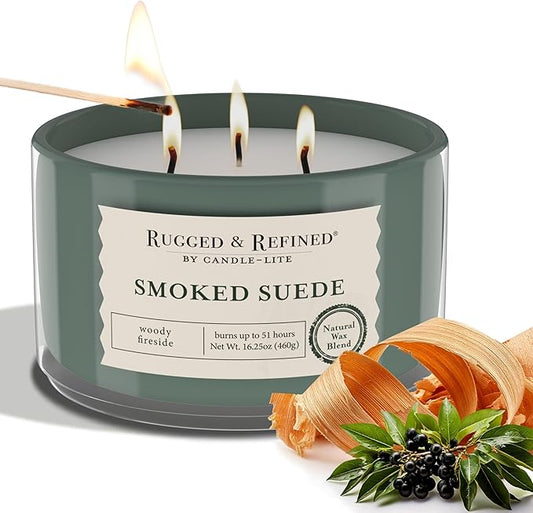 Candle-Lite Scented Candles for Men, Smoked Suede Fragrance, 16.25 oz Jar, 3-Wick, 51 Hours of Burn Time, Masculine Aromatherapy with Long Lasting Scent, Ideal Gift for Father's Day and Home Decor