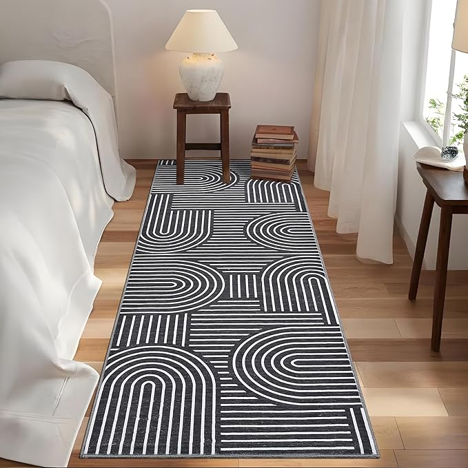 ROYHOME Modern Rug 2.5x8 Runners for Hallways, Abstract Kitchen Runner Rugs Non Slip Bath Runners, Rainbow Washable Runner Rug for Bedroom, Soft Long Rugs for Entryway Bathroom Laundry Dorm, Black