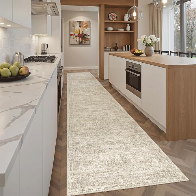 Soalmost Runner Rug 2'x10' Washable Non-Slip Runner Rugs for Kitchen Bathroom Laundry Room Beige Vintage Floor Carpet Runners for Hallway Entryway