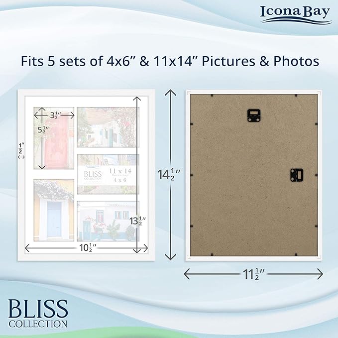 Icona Bay - 11x14 White Collage Picture Frame with Removable Mat for 5-4x6 Photos - Modern Style Engineered Wood Frame - Wall Mount Only - Bliss Collection