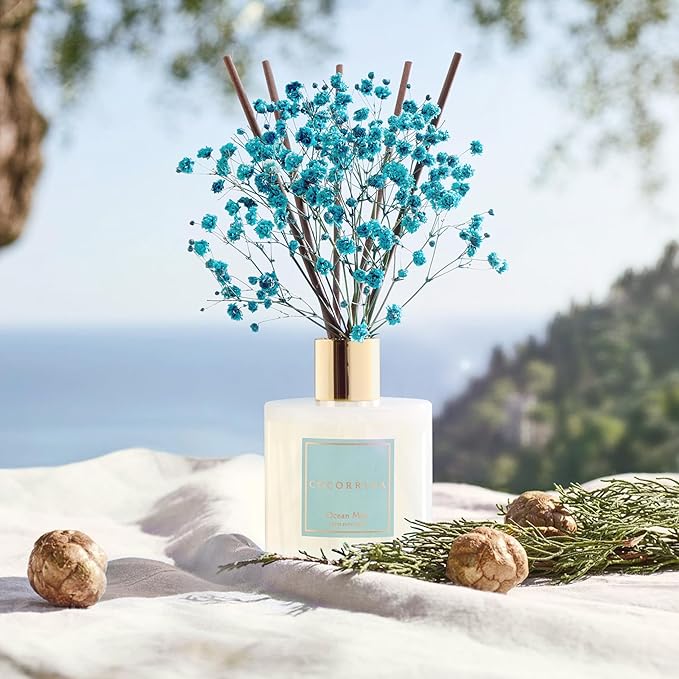 COCORR??NA Reed Diffuser - Ocean Mist 6.7 Fl.oz Reed Diffuser Set with Sticks & Preserved Baby's Breath, Reed Diffuser for Home Bathroom Shelf Decor