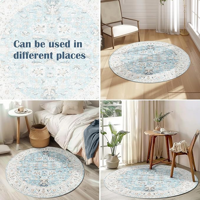 jinchan Round Rug 7ft Area Rug - Washable Boho Vintage Floral Circle 7' Round Floor Cover Lightweight Low Pile Thin Throw Non-Slip Carpet for Kitchen Living Room Bedroom Dining Room Office Light Blue