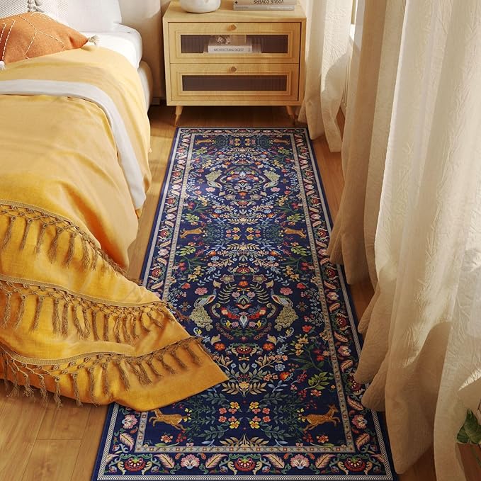 Rugcomf 2'7"x14' Long Hallway Runner Rug - Floral Washable Non Slip Boho Carpet for Kitchen, Entryway, Hall, Bathroom - Blue