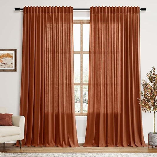 Nanspring Extra Wide Terracotta Curtains for Living Room 102 Inches Long Back Tab and Rod Pocket Linen Semi Sheer Farmhouse Boho Floor to Ceiling Curtain for Bedroom Office Luxury 100x102, 2 Panels