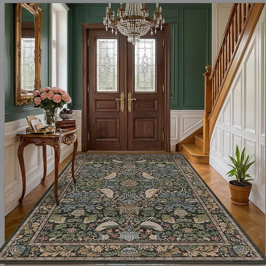 Hazo Haus Vintage Floral Area Rug 5x7 for Living Room - Dark Green Forest Bird Rugs for Bedroom, Dining Room, Office, Non Slip Stain Resistant Low Pile