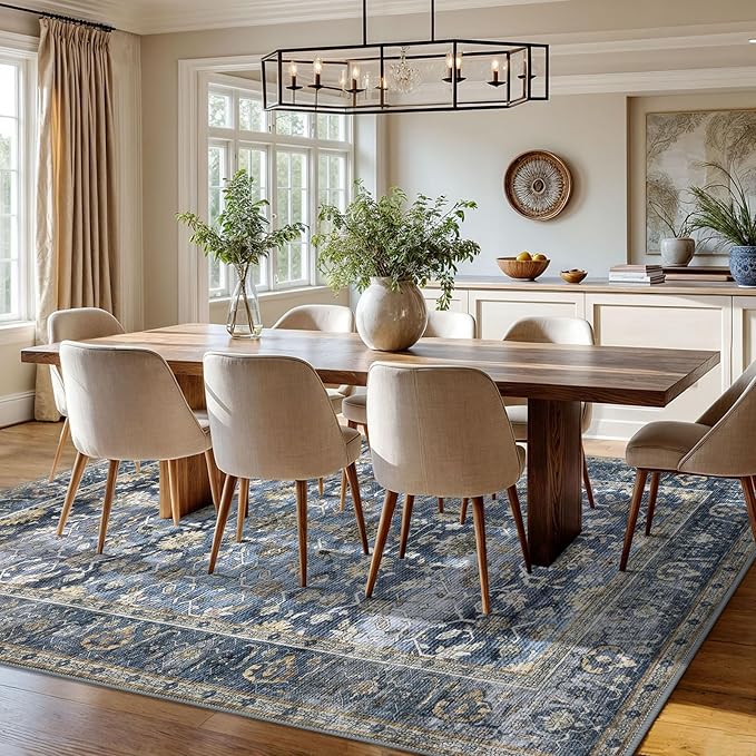 KUTA Floral Area Rugs for Living Room 8x10 Blue Grey Beige, Washable Large Rug for Bedroom 8ft x 10ft Non-Slip, Low-Pile Ultra Thin Soft Printed Vintage Medallion Distressed Dining Room Carpet