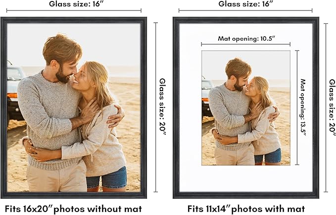 Americanflat Vintage Frames - 16x20 Picture Frame with Beaded Accents and Polished Plexiglass - Use as 11x14 Frame or Display 16x20 Photos Without Mat - Heirloom Collection - Wall Display - Black