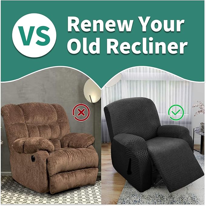 YEMYHOM 4 Pieces Oversized Stretch Recliner Slipcover Latest Jacquard Large Recliner Chair Cover with Side Pocket Anti-Slip Fitted Furniture Protector with Elastic Bottom (X-Large Recliner, Black)