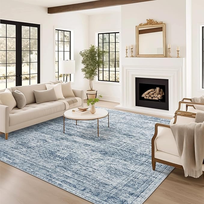 Soalmost 9x12 Area Rugs for Living Room, Non Slip Machine Washable Vintage Rugs, Low Pile Lightweight Large Rug for Bedroom, Dining Room, Home Office Blue