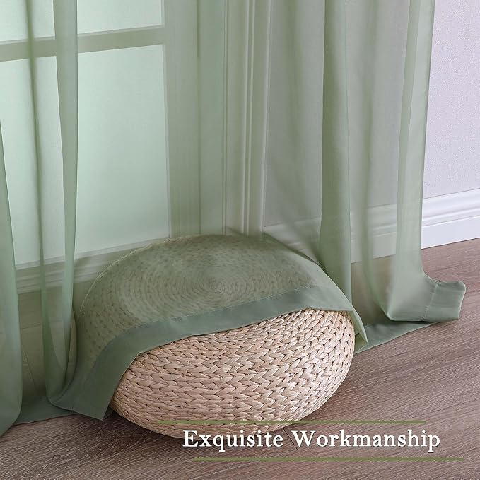 Lecloud Sage Green Sheer Curtains 63 Inch Length 2 Pcs, Dual Rod Pockets Light Filtering Window Curtains for Bedroom, Farmhouse Voile Solid Drapes for Living Room Bathroom, Each Panel 59" W x 63" L
