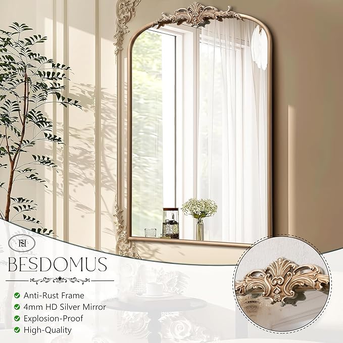Besdomus Large Antique Wall Mirror: 24"x36" French Arched Champagne Gold Vintage Vanity Wall Mounted Mirror - Traditional Ornate Home Decor for Entryway/Bedroom/Bathroom - Baroque Idea for Housewife