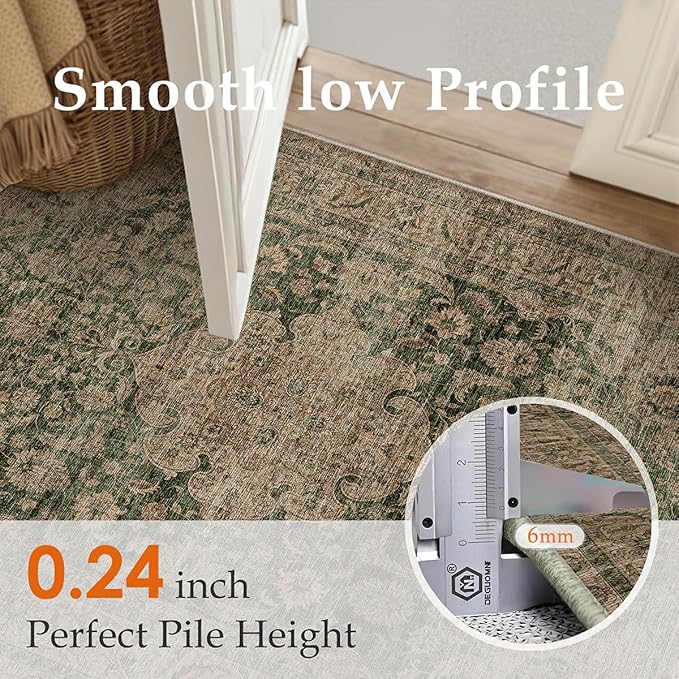 2x10 Washable Runner Rug Green Brown Vintage Non Slip Soft Low Pile Hallway Kitchen Rug Distressed Oriental Carpet for Laundry Bathroom Bedroom Living Room Home Decor