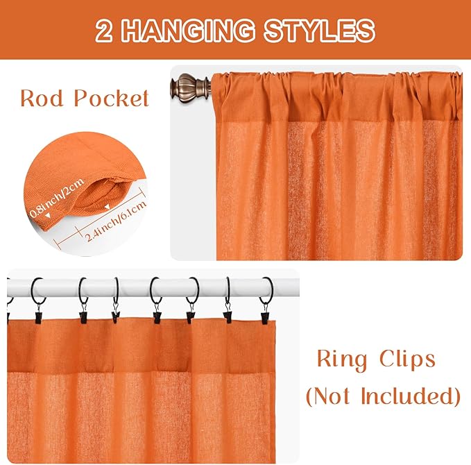 ASPMIZ Farmhouse Cotton Linen Valances for Windows, Boho Kitchen Curtains Valances with Rustic Button, Orange Striped Window Treatments Curtain Valance for Bathroom Cafe, 52 x 18 Inch, 1 Pannel