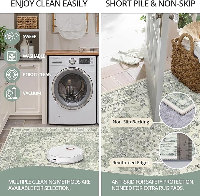 Washable Entryway Runner Rug - 2x3 Kitchen Rug Distressed Low Pile Mats Non Slip Soft Rugs for Dining Room with Rubber Backing Bedroom Runner with Vintage Design (Green 2x3)