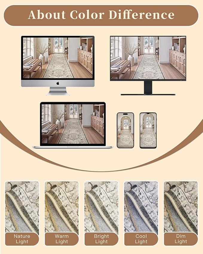 Madane Washable Runner Rug 2x7, Hallway Laundry Room Kitchen, Non Slip Rug Runners with Rubber Backing, Non Skid Stain-Resistant Non Shedding Durable Vintage Runners (2'x7', Ivory/Brown)