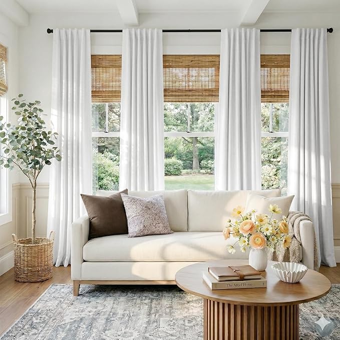 100% Blackout Shield White Linen Blackout Curtains for Bedroom 84 Inches Long, Back Tab/Rod Pocket Living Room Drapes, Thermal Insulated Blackout Curtains 2 Panels Set, 50" W x 84" L,Blanc de Blanc