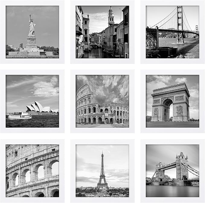 eletecpro 8x8 Picture Frames Set of 9 with Mat for 4x4 Photos or without Mat for 8x8, Square Gallery Wall Decor Collage for Picture Display, White Frame Set for Wall Hanging